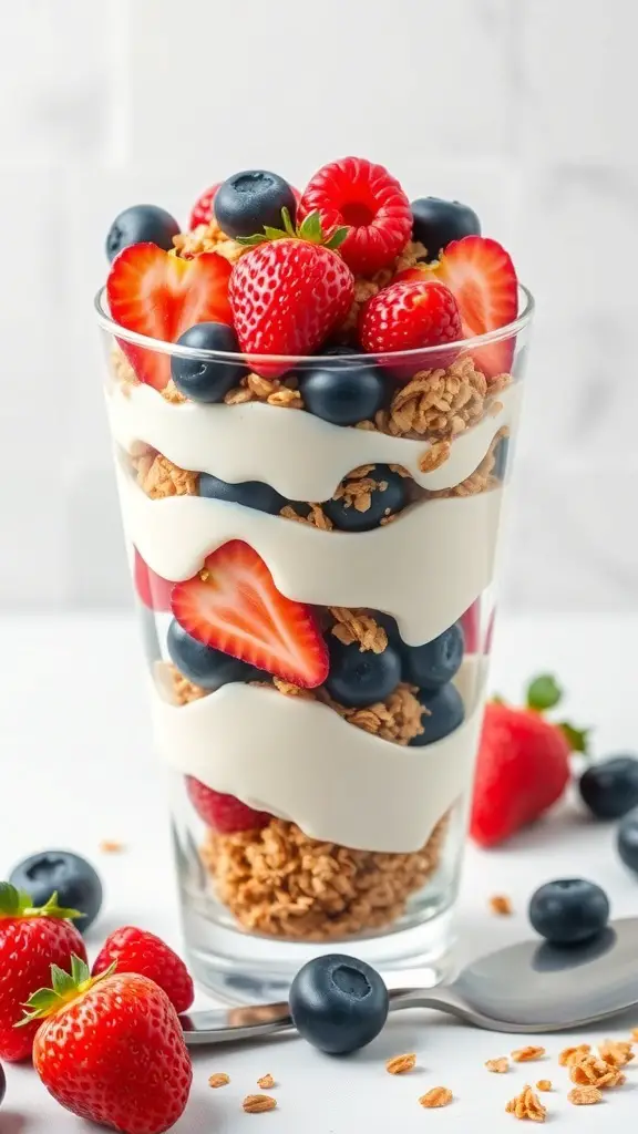A delicious Greek yogurt parfait with layers of yogurt, granola, and fresh berries in a glass.