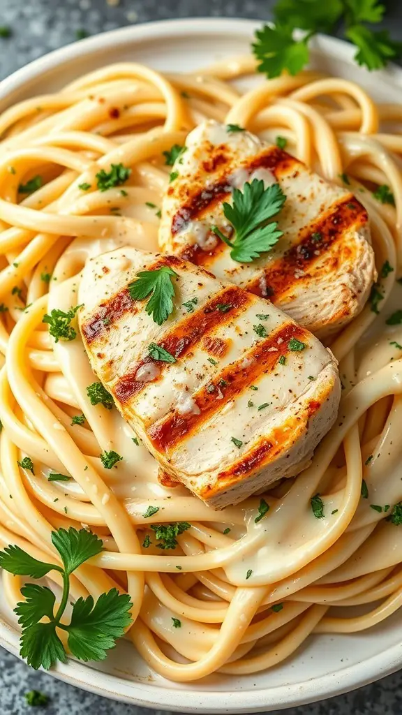 A plate of Chicken Alfredo Fettuccine with grilled chicken and parsley garnish.