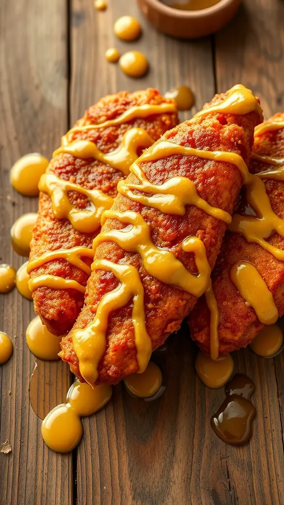 Crispy chicken tenders drizzled with honey mustard sauce on a wooden surface.