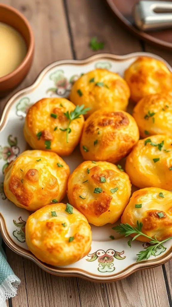A plate of golden cheese puffs garnished with herbs