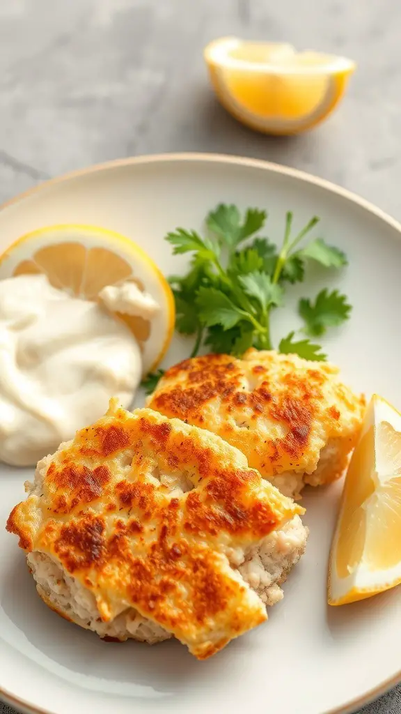 Crispy salmon and potato cakes served with tartar sauce and lemon wedges