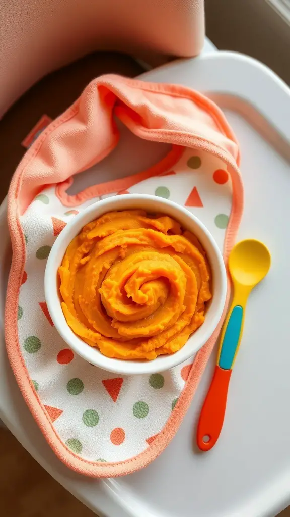A bowl of sweet potato and carrot mash on a high chair tray with a colorful spoon and a bib.