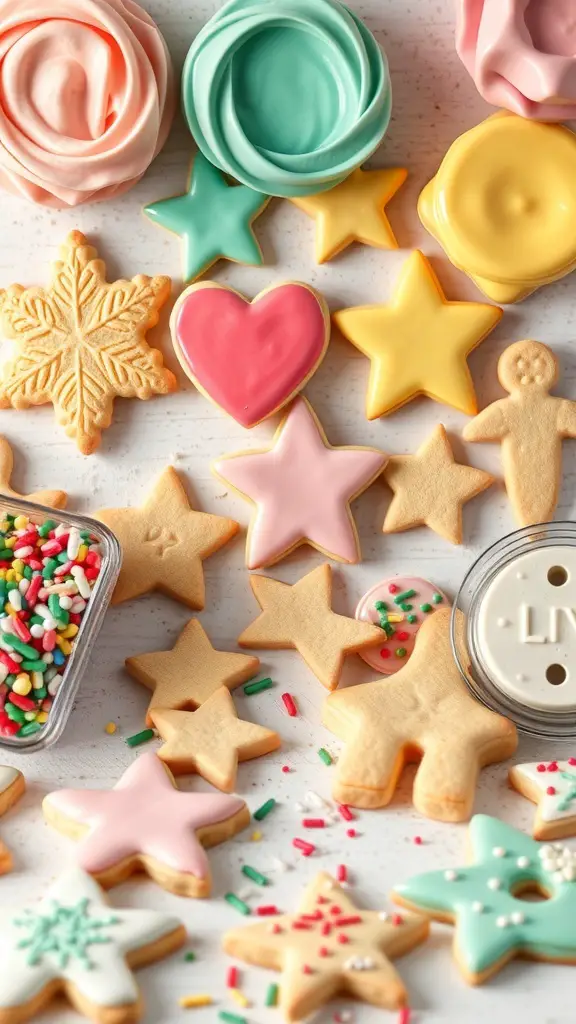 A variety of decorated sugar cookies with colorful icing and sprinkles.
