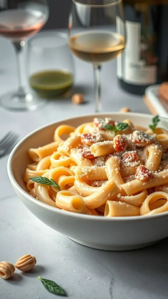 A bowl of rigatoni pasta with vodka sauce, garnished with basil and cheese, accompanied by glasses of wine.