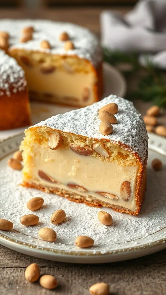 A slice of Torta della Nonna, a custard tart with pine nuts and powdered sugar on top.