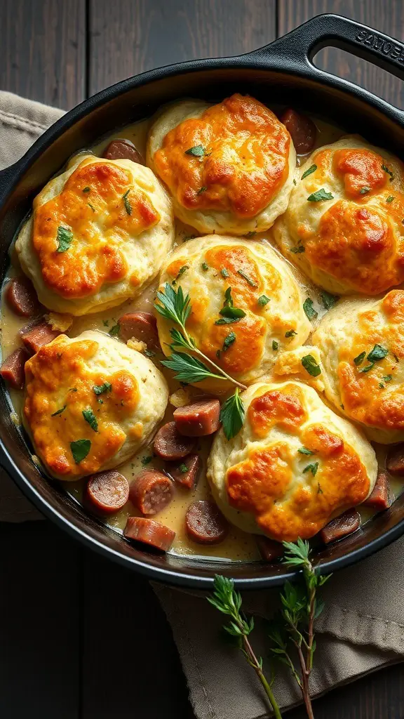 A delicious biscuit and sausage bake with golden biscuits and sausage pieces in a creamy sauce.