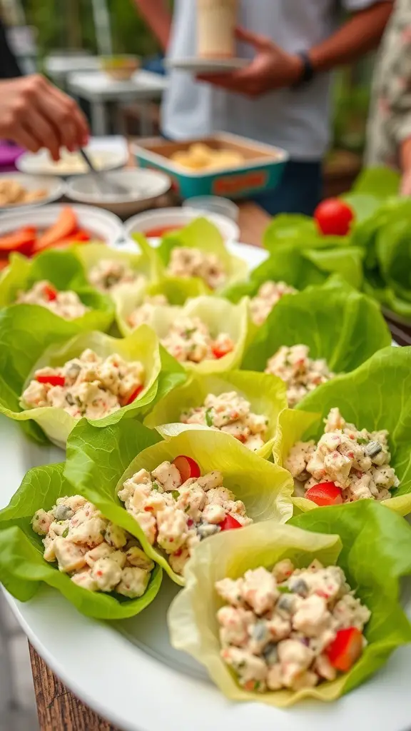 Mini tuna salad cups in lettuce leaves topped with diced tomatoes