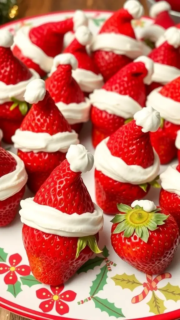 A plate of strawberries decorated as Santa hats with whipped cream.