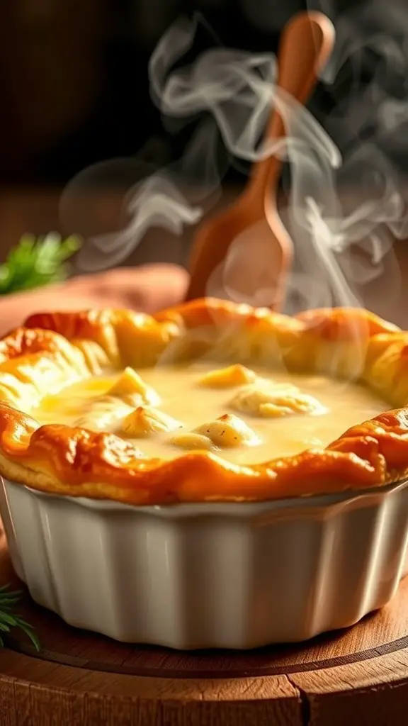 A steaming chicken pot pie with a flaky crust, placed on a wooden surface.