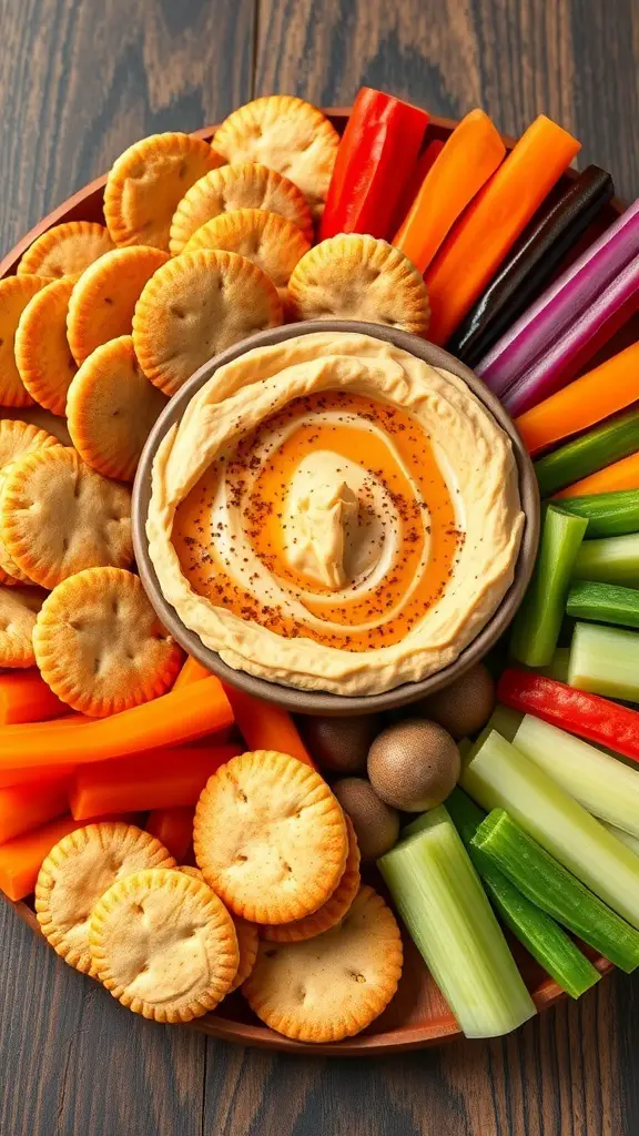 A platter featuring spicy hummus surrounded by Ritz crackers and colorful fresh vegetables.