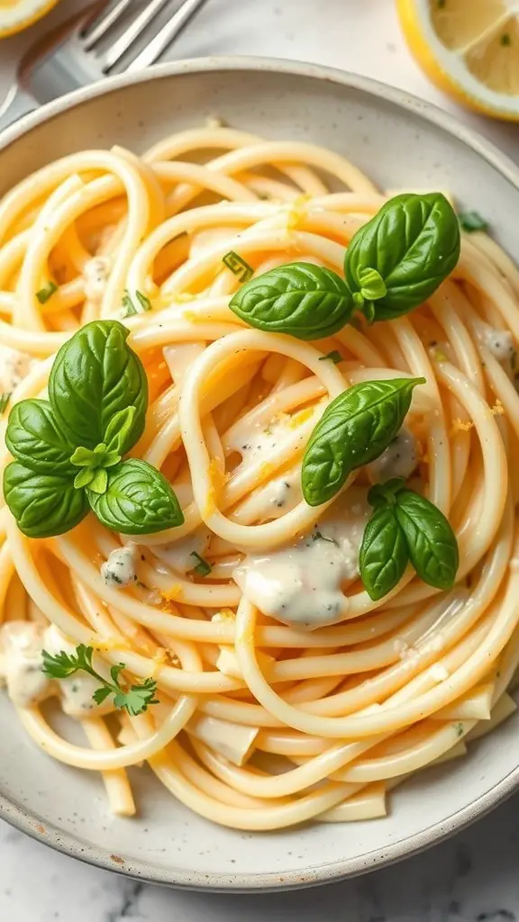 A bowl of Lemon Basil Alfredo pasta topped with fresh basil leaves and lemon zest.