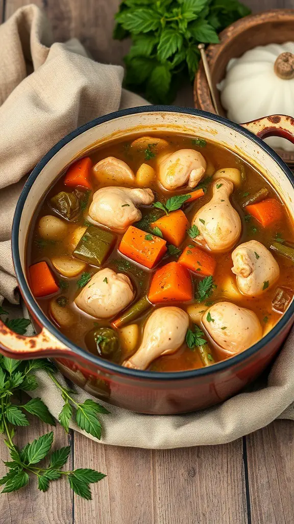 A bowl of Herbed Chicken and Vegetable Stew with colorful vegetables and chicken drumsticks