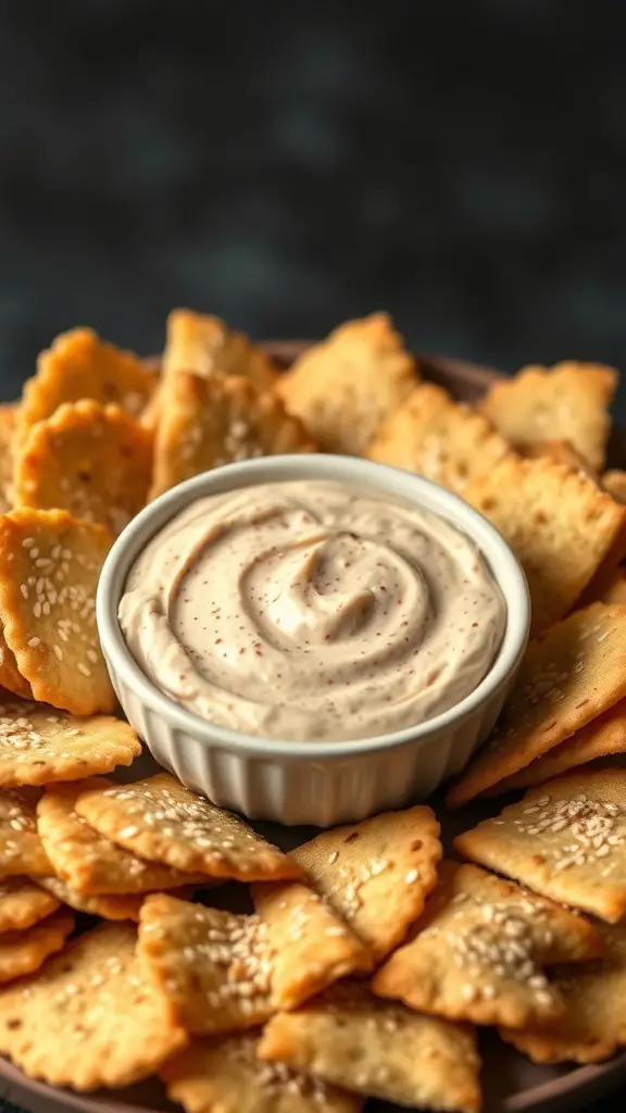 A plate of sesame seed crackers with a creamy dip in the center.