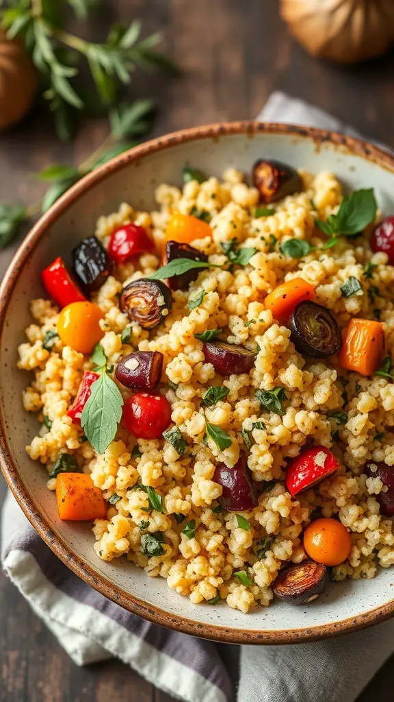 A bowl of couscous mixed with colorful roasted vegetables, garnished with herbs.