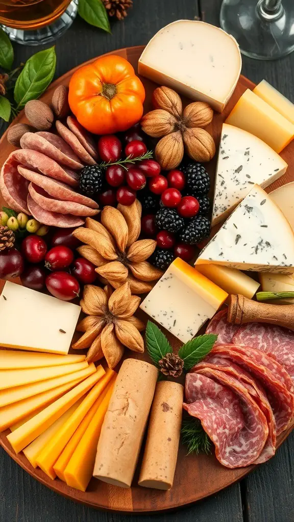 A beautifully arranged festive cheese and charcuterie board with various cheeses, cured meats, fruits, and seasonal decorations.