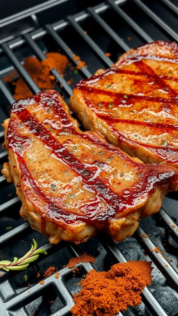 Grilled Cajun spiced venison steaks on a grill with spices