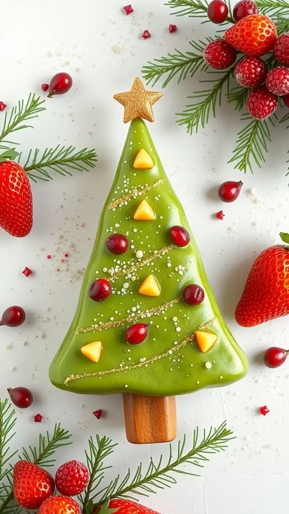 A Christmas tree-shaped smoothie with festive decorations, surrounded by strawberries and cranberries.