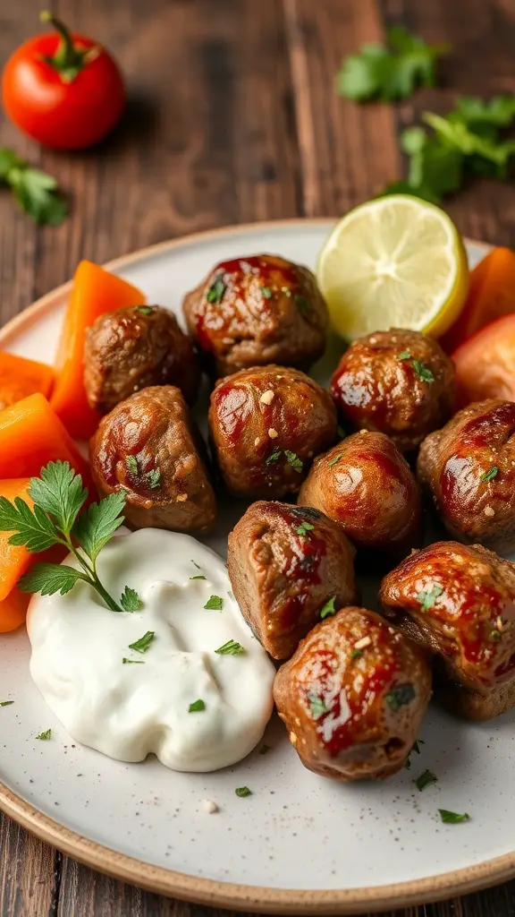 Plate of Mediterranean lamb meatballs with tzatziki sauce and fresh vegetables