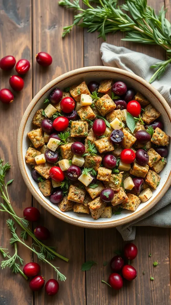 A bowl of savory herb stuffing with cranberries, featuring bread cubes, fresh herbs, and red cranberries on a wooden table.