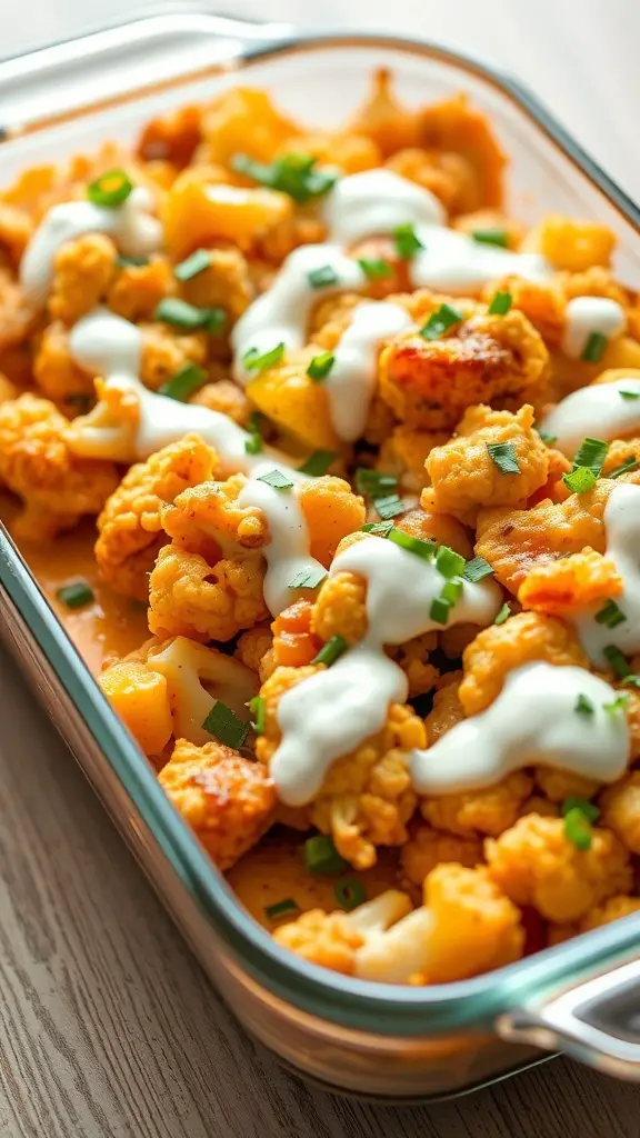 A delicious Buffalo Turkey and Cauliflower Bake topped with creamy dressing and green onions.