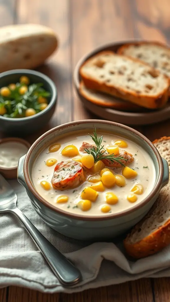 A bowl of creamy canned salmon chowder with corn, served with slices of bread on the side.