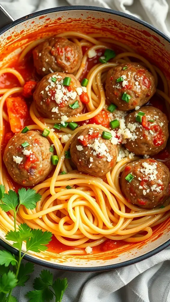 A pot filled with spaghetti and meatballs in tomato sauce, garnished with herbs.