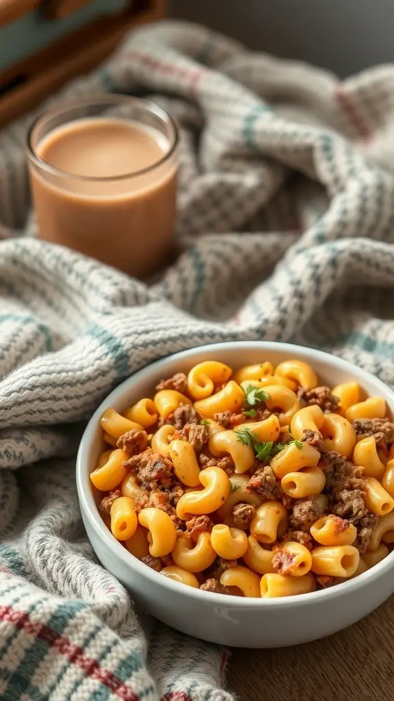 A bowl of hamburger macaroni casserole with elbow macaroni and ground beef, surrounded by a cozy blanket and a glass of warm drink.