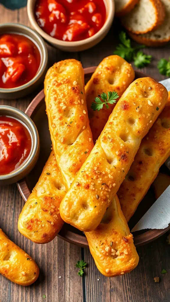 A bowl of cheesy garlic breadsticks served with marinara sauce