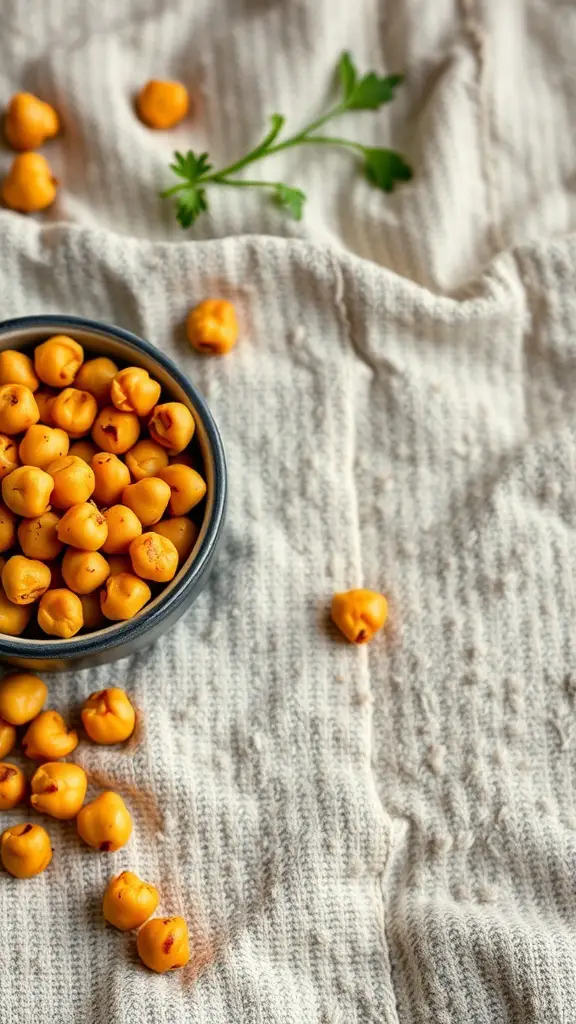 A bowl of roasted chickpeas on a textured fabric background with a sprig of parsley.