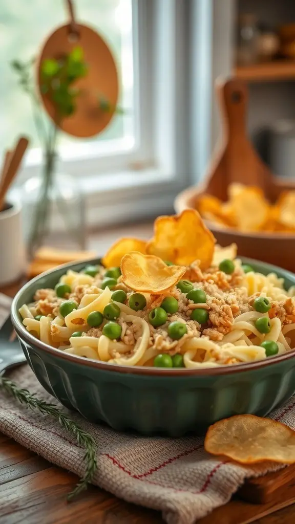 A bowl of tuna noodle casserole with peas, topped with crispy chips, sitting on a wooden table.
