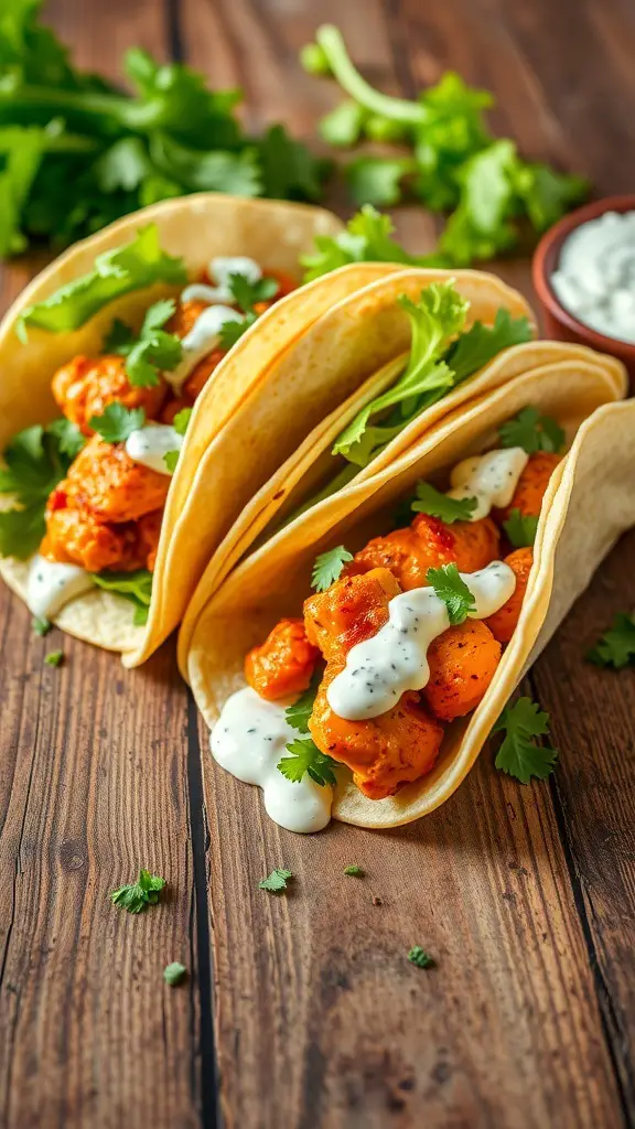 Buffalo chicken thigh tacos with cilantro and creamy sauce on a wooden table