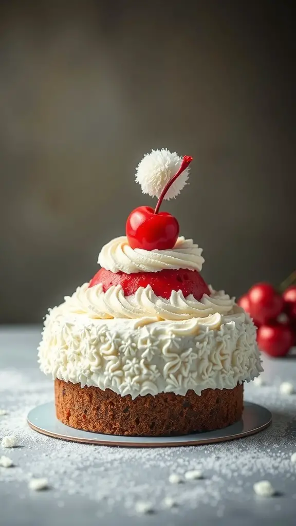 A whimsical cake designed to look like a Santa hat, topped with a cherry.