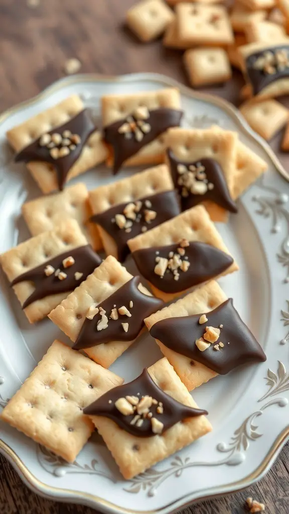 A platter of chocolate-covered Club crackers topped with chopped nuts