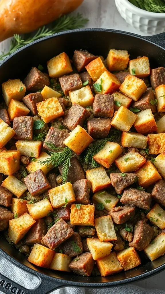 A skillet filled with golden-brown bread cubes and sausage pieces, garnished with fresh herbs.