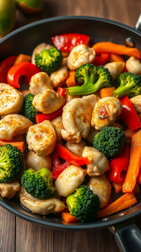 A colorful chicken and vegetable stir-fry in a skillet, featuring broccoli, bell peppers, and tender chicken pieces.