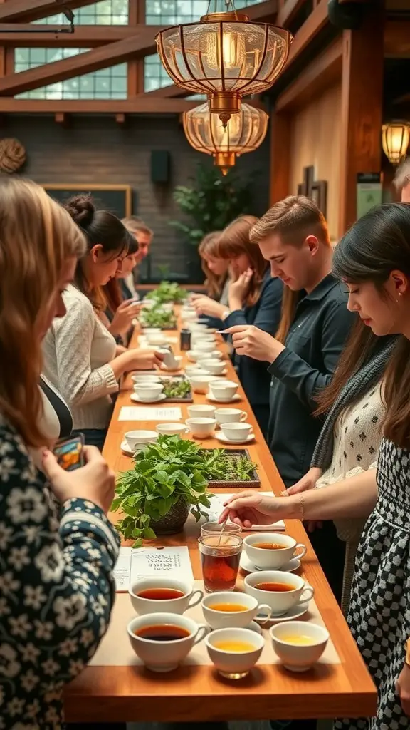 A group of people participating in a tea tasting experience at a long table with various tea cups and fresh herbs.