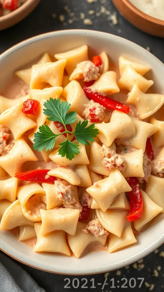 A bowl of bow tie pasta with roasted red pepper Alfredo sauce, garnished with parsley.