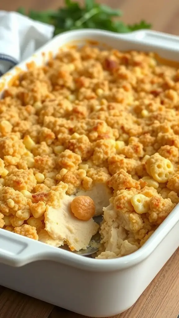 A delicious Ritz Cracker Chicken Casserole topped with a golden crust.