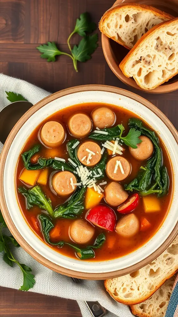 A bowl of Italian Sausage and Kale Soup with sausage, kale, and colorful vegetables, served with slices of bread.