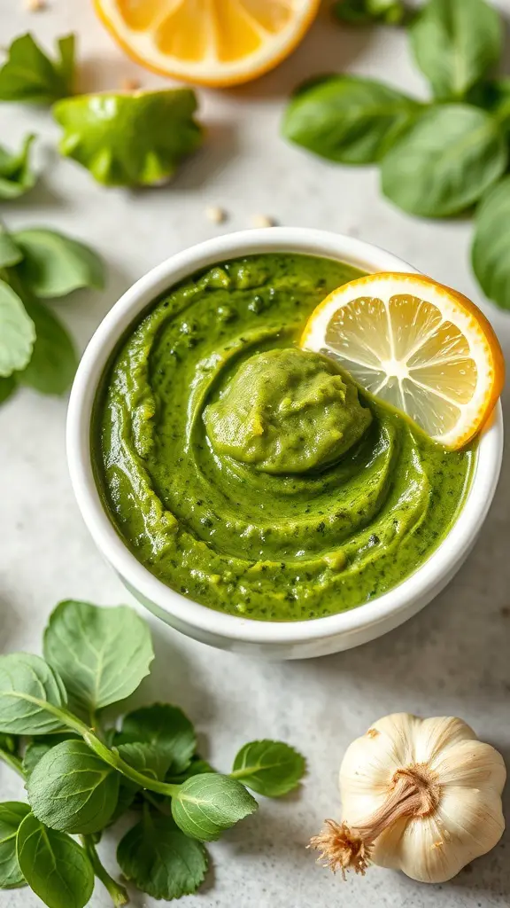 A bowl of zucchini and spinach puree garnished with a lemon slice, surrounded by fresh herbs and garlic.