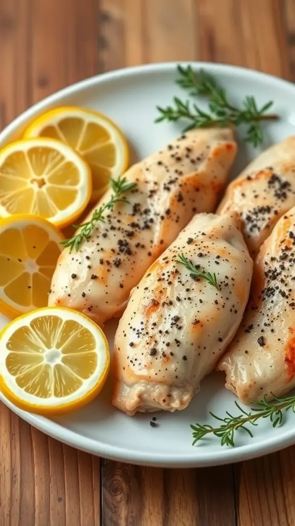 Plate of lemon pepper baked chicken tenderloins with lemon slices and herbs