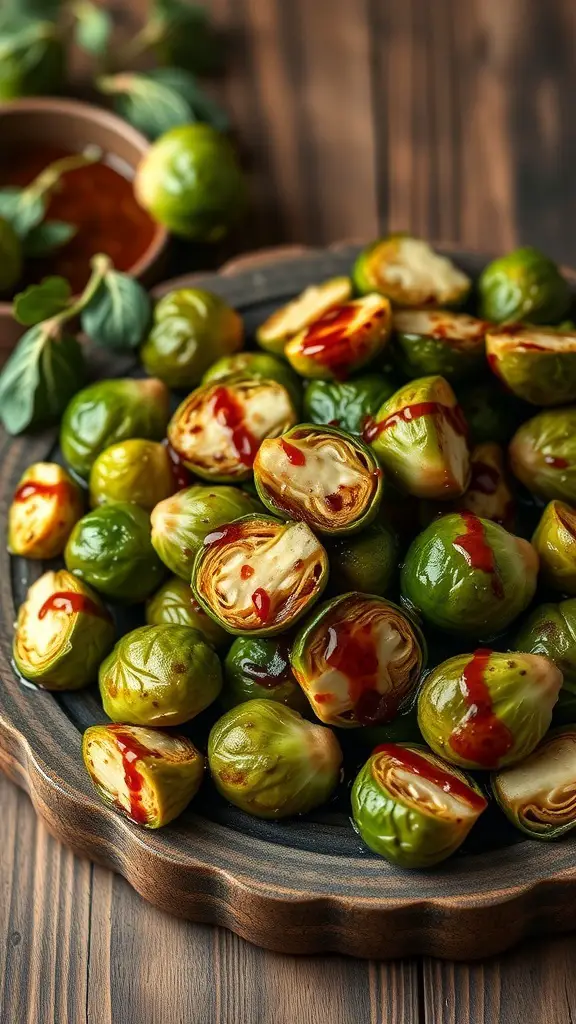A plate of crispy Brussels sprouts drizzled with balsamic glaze.