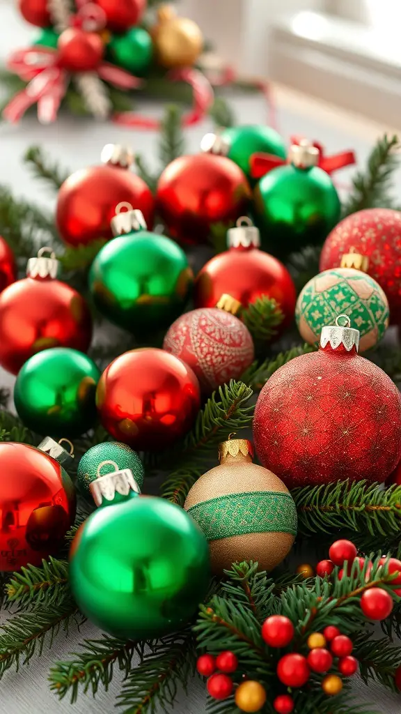A collection of classic red and green Christmas ornaments arranged with evergreen branches.