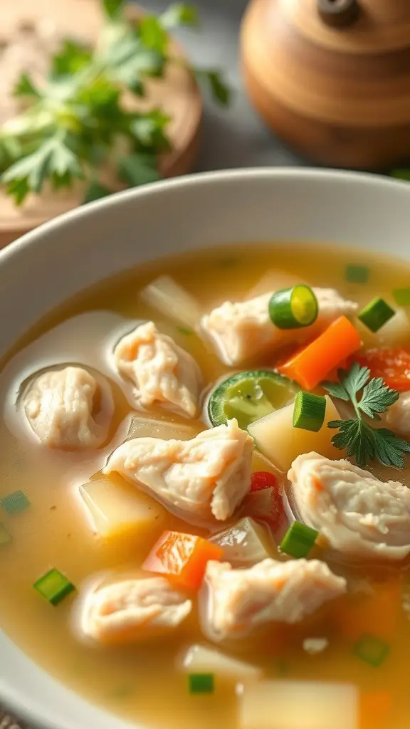A bowl of gentle chicken and vegetable soup with tender chicken pieces and colorful vegetables in a light broth.
