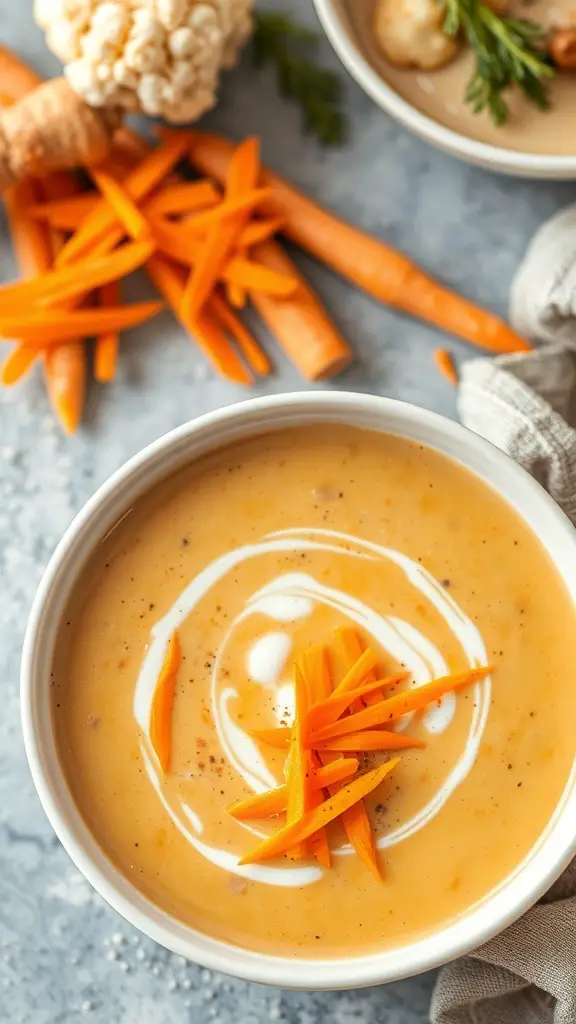 A bowl of creamy cauliflower and carrot soup garnished with carrot strips and cream, surrounded by fresh carrots and cauliflower.