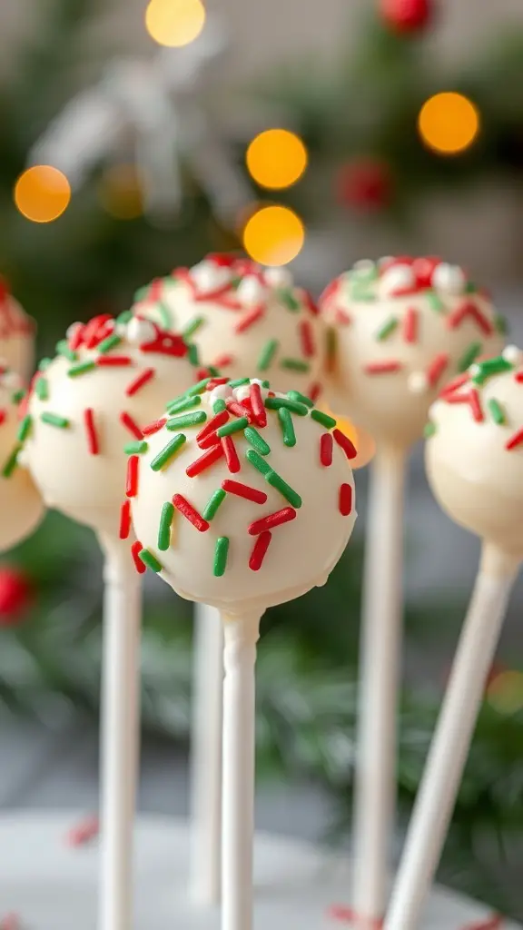 A close-up of classic vanilla Christmas cake pops decorated with red and green sprinkles.