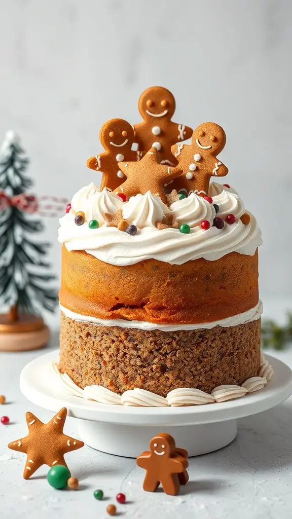 Gingerbread layer cake decorated with gingerbread men and colorful sprinkles
