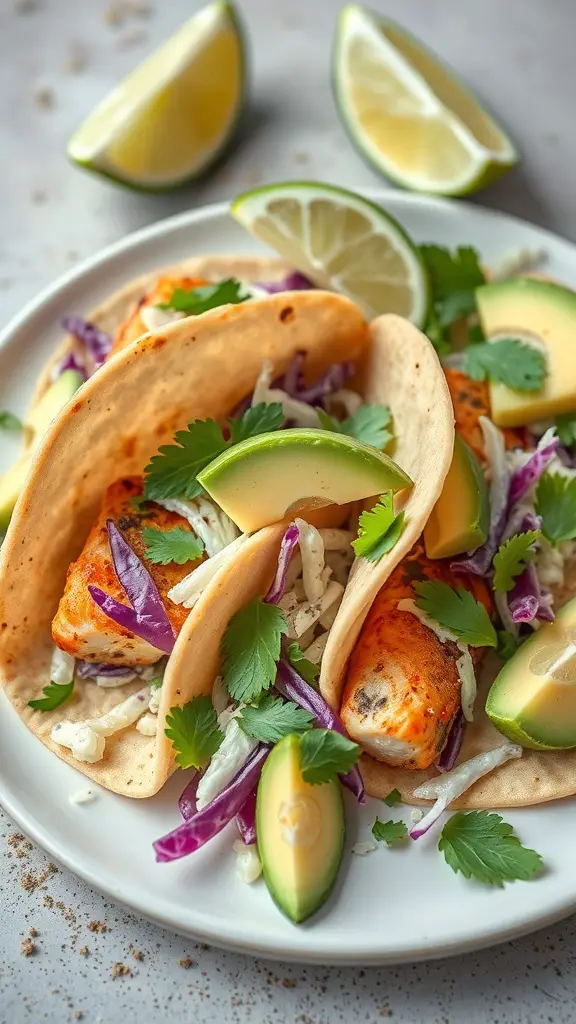 Delicious fish tacos with cabbage slaw, avocado slices, and lime wedges on a plate.