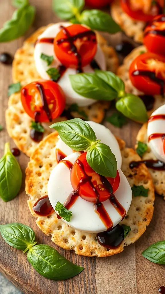 Caprese salad inspired crackers topped with mozzarella, tomatoes, and basil.