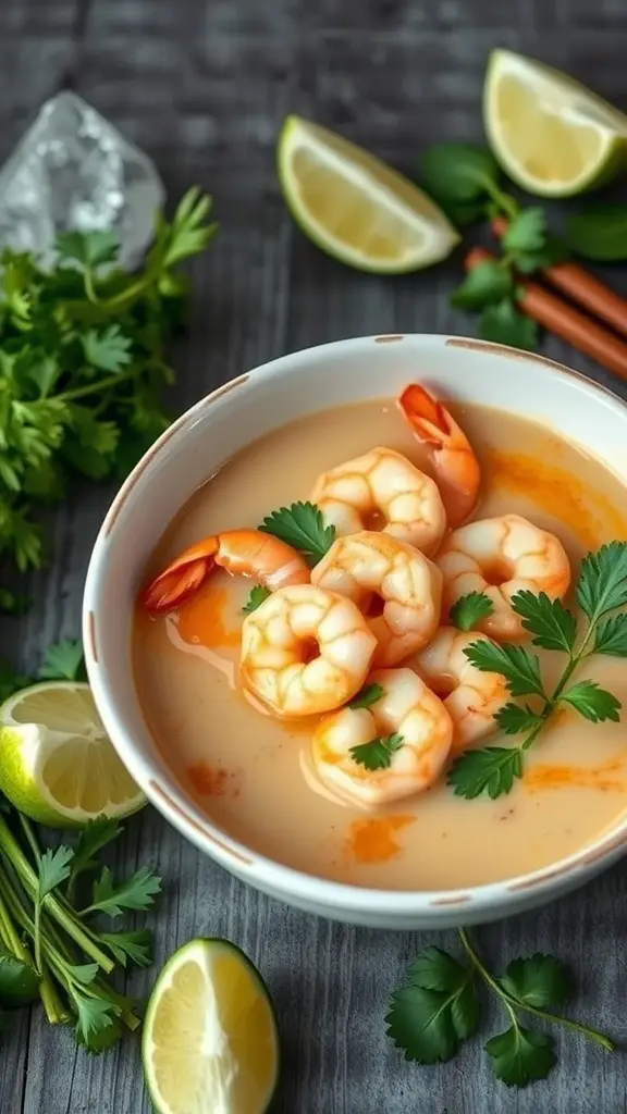 A bowl of Thai Coconut Curry Soup with shrimp, garnished with cilantro and lime.